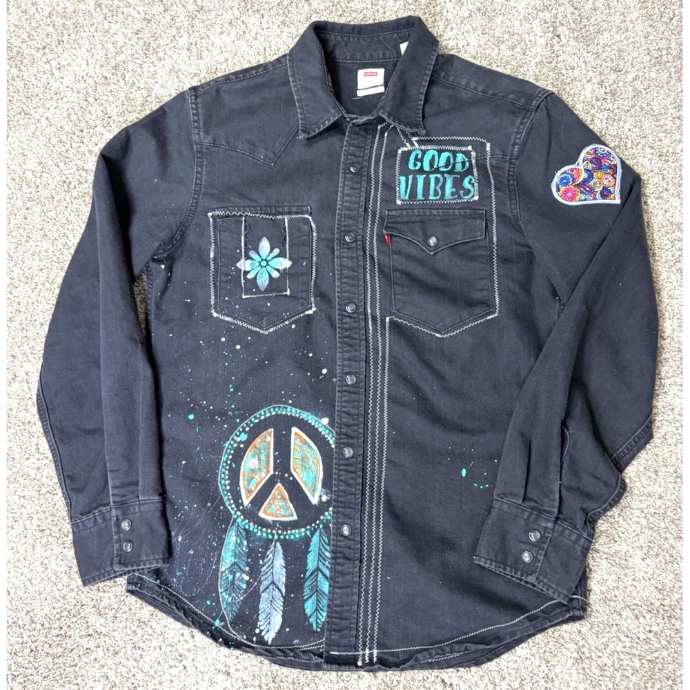 Levis Denim Pearl Snap Long Sleeve Shirt Small Mens Black Jean Western Rodeo,